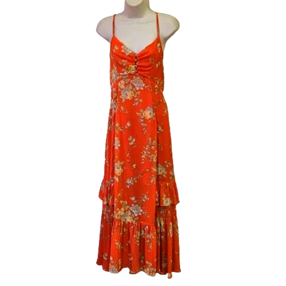 Urban Outfitters Orange/Yellow MultiColor Floral Strappy Ruffle Maxi Dress,Large - Picture 2 of 16